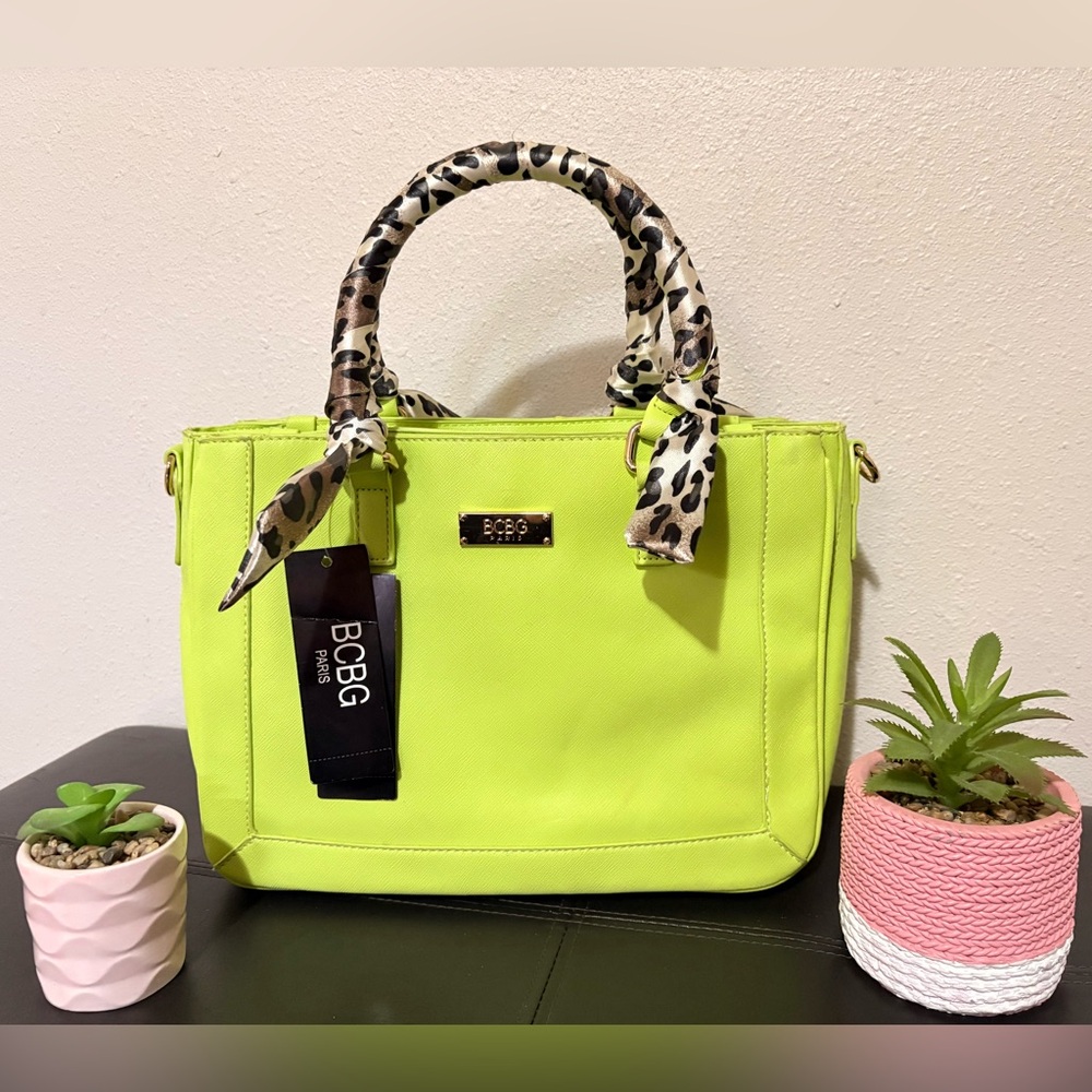 NWT BCBG Neon Green Satchel W/ Leopard Print Fabric Handle & Gold Accents